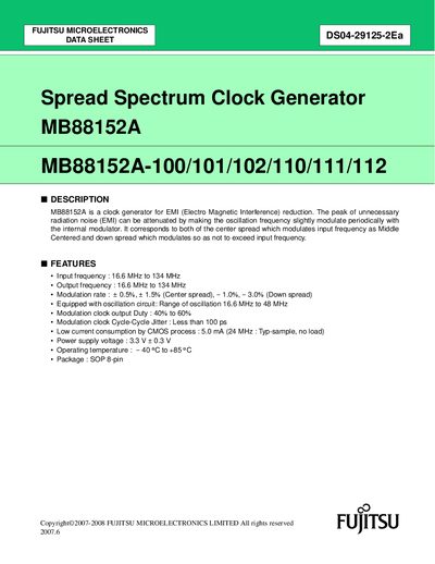 FUJITSU MICROELECTRONICS Spread Spectrum Clock Generator MB88152A MB88152A-100/101/102/110/111/112 Manual - cover page