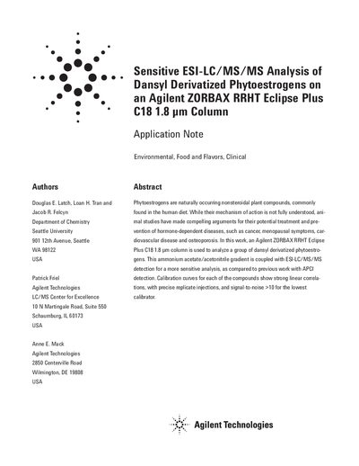 Sensitive ESI-LC/MS/MS Analysis of Dansyl Derivatized Phytoestrogens on Agilent ZORBAX RRHT Eclipse Plus C18 1.8 µm Colu - cover page