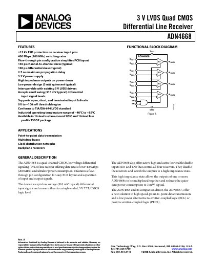 Analog Devices ADN4668 Quad LVDS CMOS Differential Line Receiver Datasheet - cover page