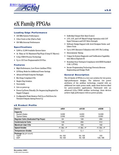 Actel eX Family FPGAs Datasheet - cover page