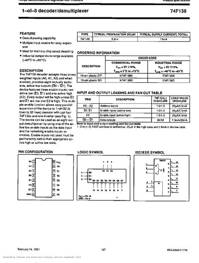 Philips 74F138 1‑of‑8 Decoder/Demultiplexer Datasheet - cover page