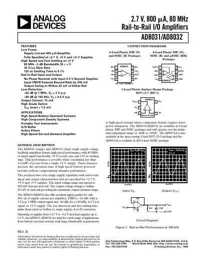 ANALOG DEVICES 2.7 V 800 mA 80 MHz Rail-to-Rail I/O Amplifiers CONNECTION DIAGRAMS AD8031/AD8032 handbook - cover page