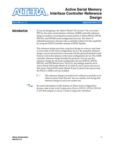 Altera ASMI Controller Application Note 379 - cover page