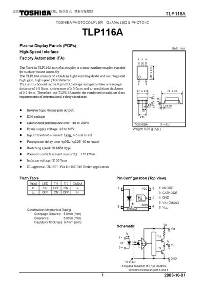 Toshiba TLP116A Photocoupler Data Sheet