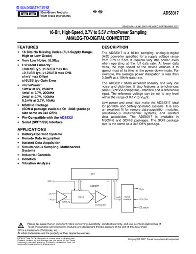 Texas Instruments ADS8317 16-Bit Analog-to-Digital Converter Datasheet - cover page