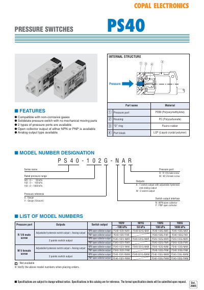 Copal Electronics PS40 Pressure Switches Product Leaflet - cover page