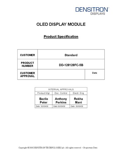 Densitron DD-128128FC-5B OLED Display Module Datasheet - cover page