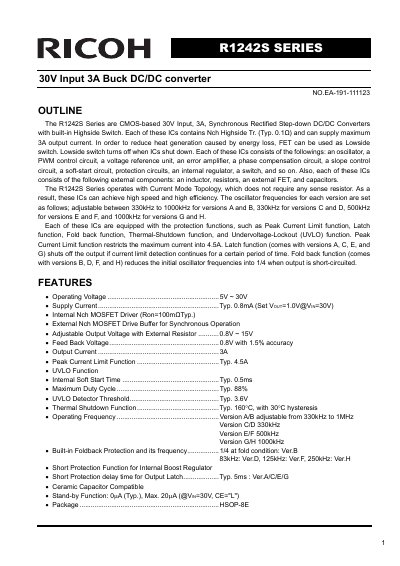 Ricoh R1242S Series 30V Input 3A Buck DC/DC Converter Datasheet