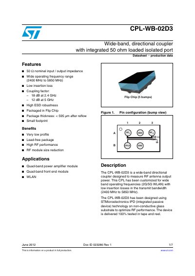 STMicroelectronics CPL-WB-02D3 Wide-band Directional Coupler Datasheet