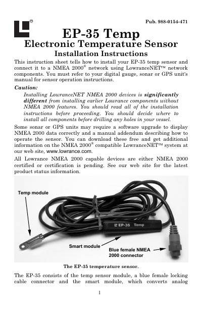 Lowrance EP-35 Temperature Sensor Installation Instructions - cover page