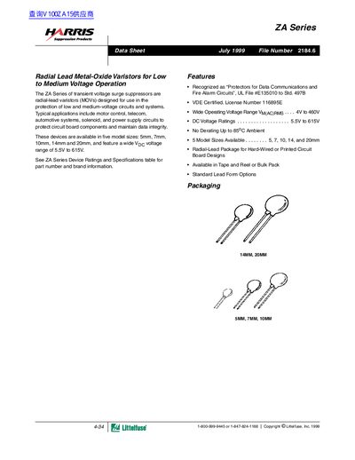 Littelfuse ZA Series Radial Lead Metal-Oxide Varistors Datasheet - cover page