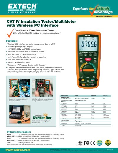 EXTECH MG300 ..................CAT IV Insulation Tester/True RMS MultiMeter w/Wireless PC Interface (915MHz) MG300-NIST ........MG300 with Certificate of Calibration Traceable to NIST MG302 ......... - cover page