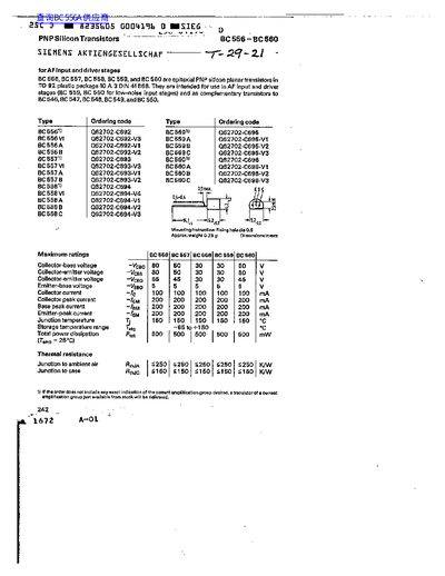 Siemens BC 556 to BC 560 PNP Silicon Transistors Datasheet - cover page