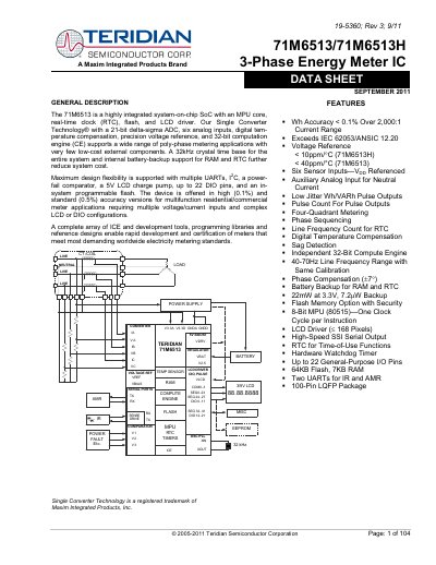 Teridian 71M6513/71M6513H 3-Phase Energy Meter IC Datasheet - cover page