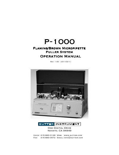 Sutter Instrument P-1000 Flaming/Brown Micropipette Puller Operation Manual - cover page