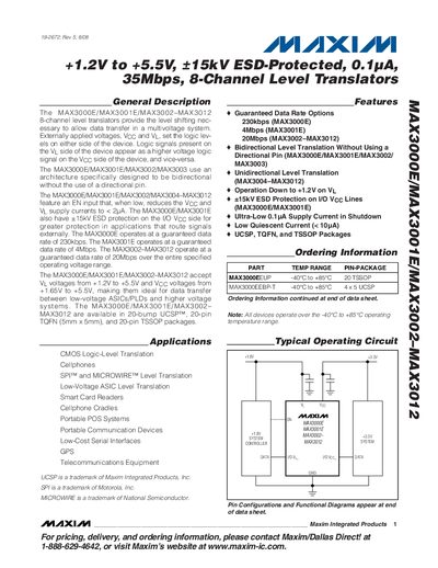 Maxim MAX3000E/MAX3001E/MAX3002-MAX3012 8‑Channel Level Translator Datasheet - cover page