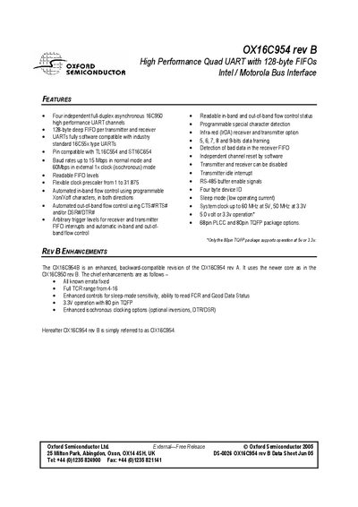 Oxford Semiconductor OX16C954 rev B Datasheet - cover page