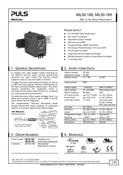 PULS MiniLine ML50.100/ML50.109 Power Supply Datasheet - cover page