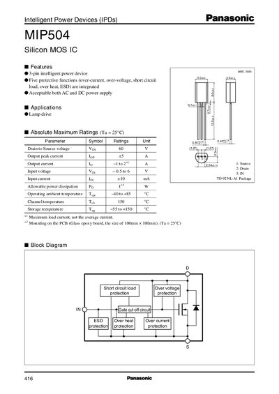 Panasonic 416MIP504 Intelligent Power Device Datasheet - cover page
