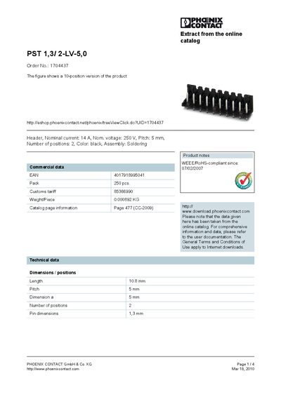 Phoenix Contact PST 1,3/2-LV-5,0 Product Datasheet - cover page