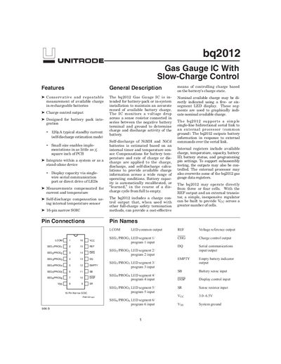 Texas Instruments bq2012 Gas Gauge IC With Slow‑Charge Control Datasheet - cover page