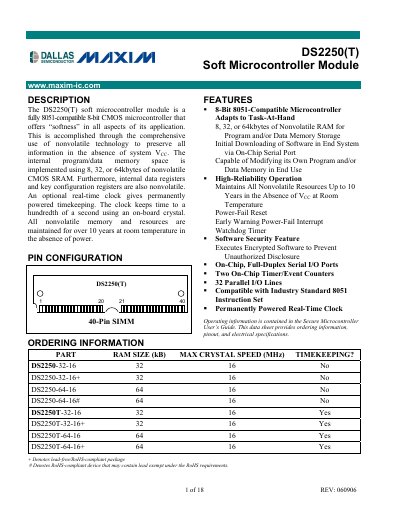 Maxim DS2250(T) Soft Microcontroller Module Datasheet - cover page