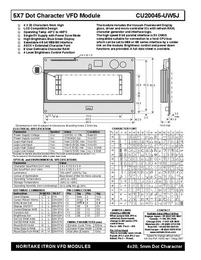 Noritake Itron CU20045-UW5J VFD Module Datasheet - cover page