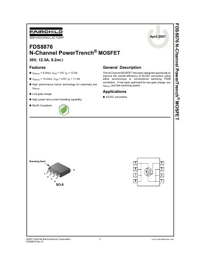Fairchild FDS8876 N-Channel MOSFET Datasheet - cover page