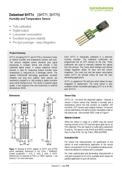 Sensirion SHT7x Datasheet and User Guide - cover page