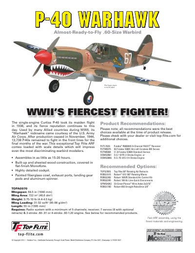Top Flite P-40 HARHAWK Model Kit Product Leaflet - cover page