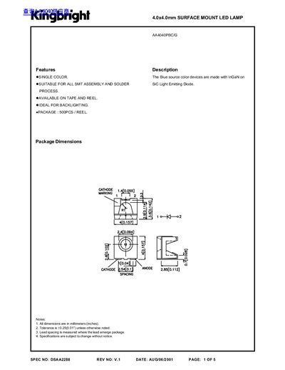Kingbright AA4040PBC/G 4.0x4.0mm Surface Mount LED Lamp Datasheet - cover page