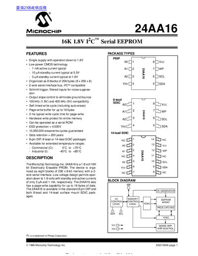 Microchip Technology 24AA16 16K 1.8V I2C Serial EEPROM Datasheet - cover page