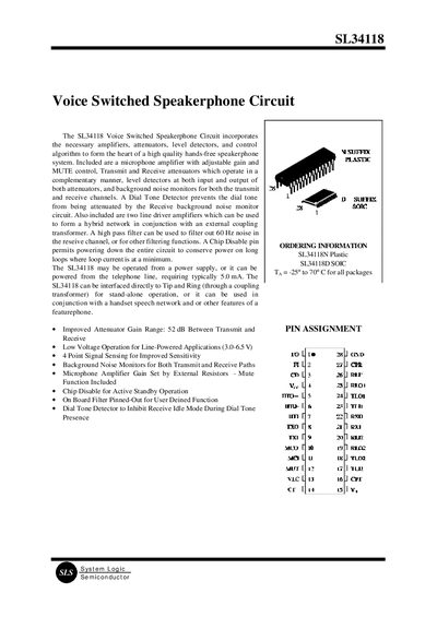 System Logic SL34118 Voice Switched Speakerphone Circuit Manual - cover page