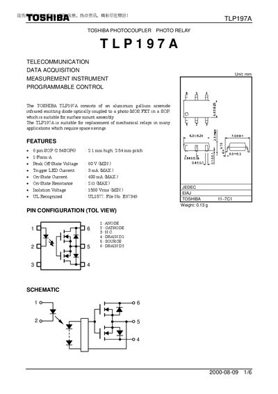 Toshiba TLP197A Photocoupler Datasheet - cover page