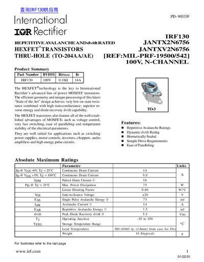 International Rectifier IRF130 Rectifier Datasheet - cover page