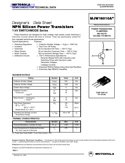 Motorola MJW16010A* NPN Silicon Power Transistors Designer's Data Sheet - cover page