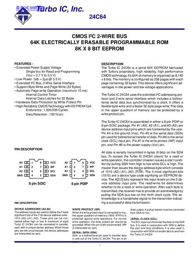Turbo IC 24C64 CMOS I2C 2-Wire Bus 64K EEPROM Datasheet - cover page