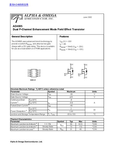 Alpha & Omega AO4805 Dual P-Channel Enhancement Mode FET Datasheet - cover page
