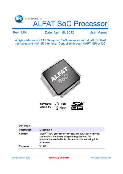 GHI ALFAT SoC Processor Rev. 1.04 Date: April 16 2012 User Manual - cover page