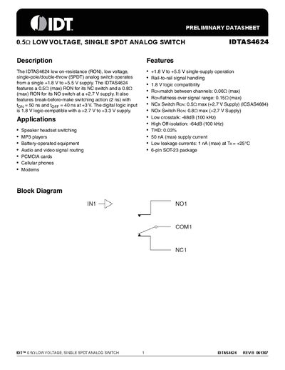 IDT IDTAS4624 Low Voltage Single SPDT Analog Switch Datasheet - cover page