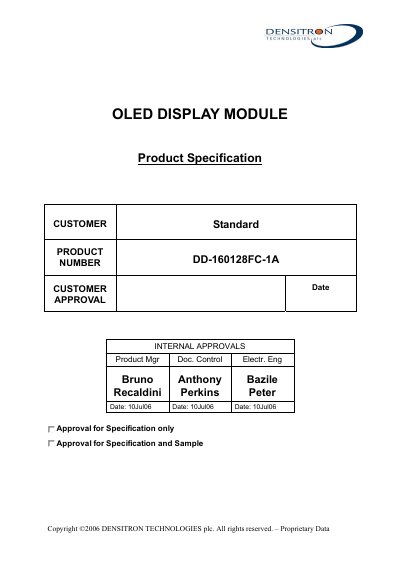 Densitron DD-160128FC-1A OLED Display Module Specification - cover page