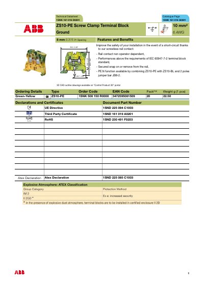 Schneider ZS10-PE Screw Clamp Terminal Block Datasheet - cover page