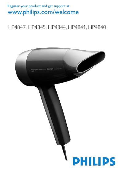 Philips HP4847/HP4845/HP4844/HP4841/HP4840 Hairdryer User Manual - cover page
