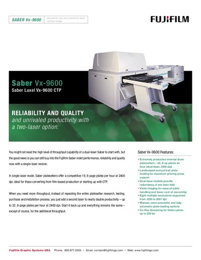Fujifilm Vx-9600 Plate Setter Product Leaflet - cover page
