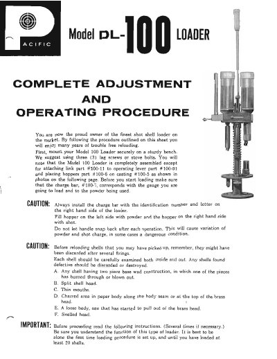Pacific Gun Sight Company DL-100 Shot Shell Loader Operating Instructions - cover page