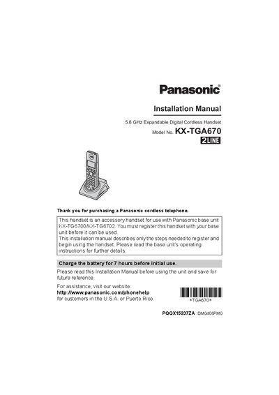Panasonic KX-TGA670 Cordless Handset Installation Guide - cover page