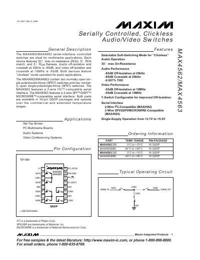 Maxim MAX4562/MAX4563 Serially Controlled Clickless Audio/Video Switches Datasheet - cover page