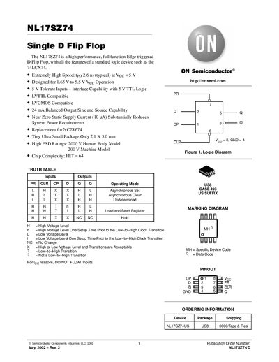 ON Semiconductor NL17SZ74 Single D Flip Flop Datasheet - cover page