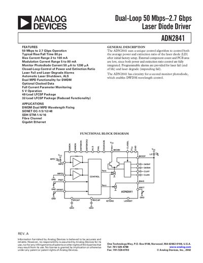 Analog Devices ADN2841 Laser Diode Driver Datasheet - cover page