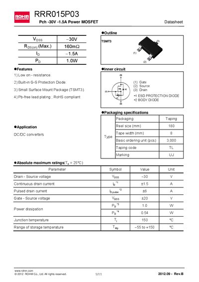 ROHM RRR015P03 Power MOSFET Datasheet - cover page